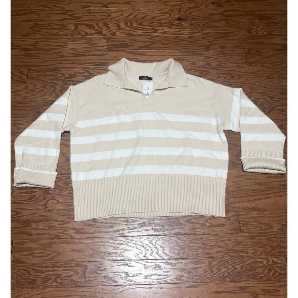 Lillusory Women's Beige Striped Long Sleeve Collared V-Neck Sweater, Size XL